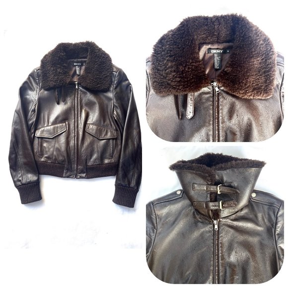 Donna Karan Jackets & Blazers - DKNY Black label Italian Lamb Leather fur collar Bomber Jacket